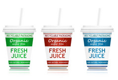 插图描绘三个快食物喝容器与健康的而且环境概念安排在白色