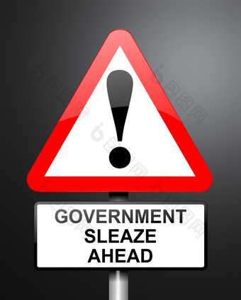 插图描绘红色的而且白色三角警告路标志与政府卑鄙的人概念黑暗背景