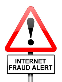 插图描绘红色的而且白色三角警告路标志与互联网欺诈概念白色背景