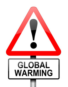 插图描绘红色的而且白色三角警告路标志与全球气候变暖概念白色背景