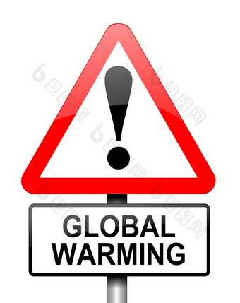 插图描绘红色的而且白色<strong>三角警告</strong>路标志与全球气候变暖概念白色背景
