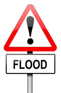 插图描绘路交通标志与洪水警告白色背景