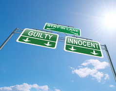 插图描绘高速公路龙门标志与无辜的有罪概念蓝色的天空背景