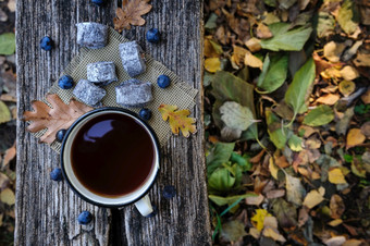 浪漫的秋天仍然生活与饼干杯茶黑刺李浆果和叶子木董事会前视图浪漫的秋天仍然生活
