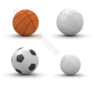 四个体育运动球孤立的篮球排球<strong>足球</strong>高尔夫球孤立的白色背景<strong>对象</strong>系列