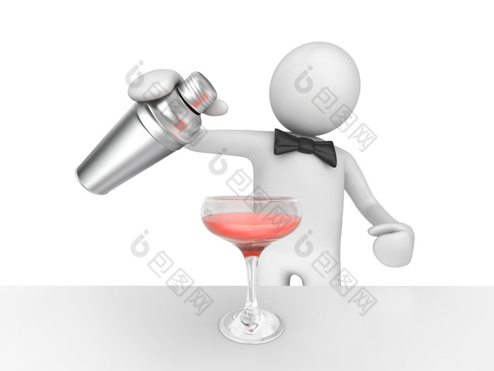 酒保倒你的粉红色的鸡尾酒孤立的白色背景字符系列