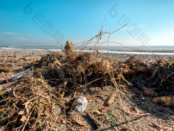 泄漏垃圾的海滩的大城市空使用脏塑料瓶脏海桑迪海岸环境污染生态问题
