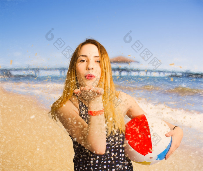 结合照片插图女人爱的生活而吹沙子吻澳大利亚海滩夏天假期自由