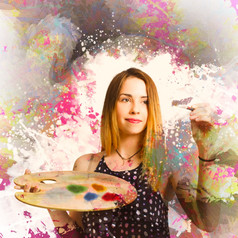 有创意的肖像艺术女人手绘画摘要壁画艺术作品色板明亮的颜色成人艺术类画家