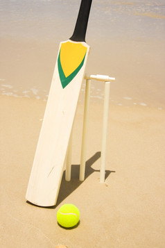特写镜头海滩板球集定位只是前面的海洋水域边缘