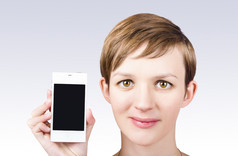 肖像微笑业务女人显示空白屏幕通用的移动聪明的电话应用程序市场营销