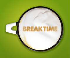 咖啡艺术杯卡布奇诺咖啡与打破时间绿色背景咖啡艺术