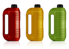 红色的黄色的绿色塑料每加仑杰里可以孤立的白色背景与剪裁工作路径