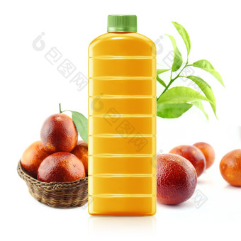 红色的橙色汁塑料容器壶与新鲜的橙色而且叶子白色背景橙色汁