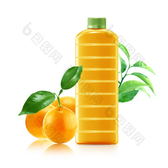 <strong>橙色</strong>汁塑料容器壶与<strong>新</strong>鲜的<strong>橙色</strong>而且叶子白色背景<strong>橙色</strong>汁