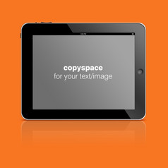 平板电脑电脑与复制空间添加你的文本照片孤立的橙色背景平板电脑电脑