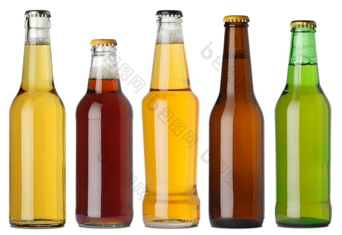 照片五个不同的完整的啤酒瓶与标签单独的剪裁路径为每一个瓶包括五个单独的照片合并后的在一起