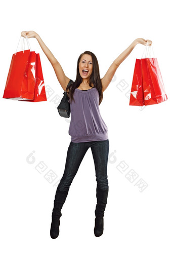 非常快乐购物女孩持有袋而且微笑广关于她的患<strong>狂犬病</strong>的消费主义