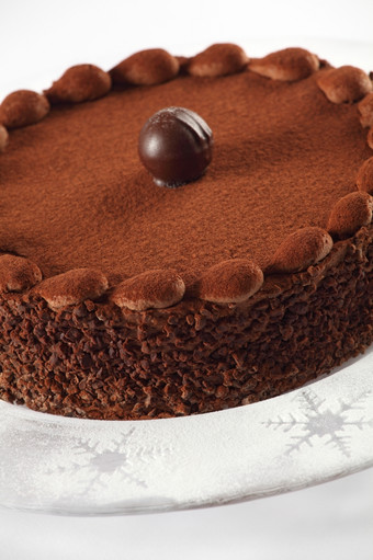 照片美味的巧克力蛋糕与松露前蛋糕板与糖衣糖与雪花口音焦点的前面边缘