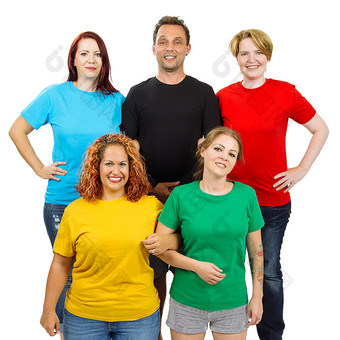 照片五个人穿蓝色的黑色的红色的黄金和绿色空白t恤类似的的颜色的奥运环准备好了为你的设计艺术作品