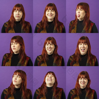 肖像拼贴画女孩与不同的面部表达式集不同的图片情感女人在紫色的背景