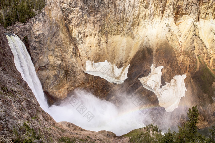 的瀑布较低的黄石公园瀑布滴成的喉咙的大峡谷黄石公园国家公园彩虹可见通过的雾的瀑布小雪字段是仍然挂的墙的峡谷早期夏天