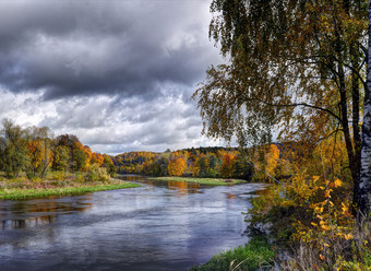 秋天附近鼻孔河全景视图秋天鼻孔区域公园立陶宛