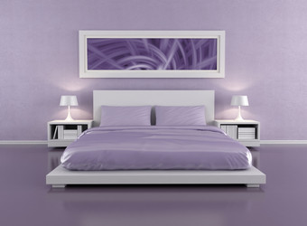 极简主义淡紫色卧室呈现的<strong>艺术图片</strong>墙图像