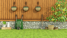 工具为园艺花园与老墙木栅栏和柠檬tree-d呈现
