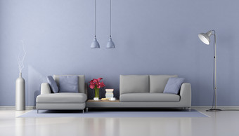 极简主义休息室与现代沙发极简主义生活房间与现代灰色的沙发和紫色的墙呈现