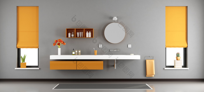 现代浴室与脸盆灰色的和橙色现代浴室与脸盆建架子上呈现