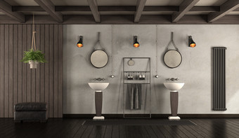 经典浴室与脸盆乡村浴室与洗手盆黑暗木镶板和脚凳呈现