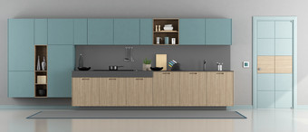 <strong>极简主义</strong>现代厨房清晰的蓝色的和灰色的<strong>极简主义</strong>现代厨房呈现