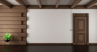 空优雅的生活房间空优雅的生活房间与黑暗木镶板和关闭通过呈现