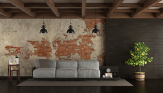 黑暗生活房间乡村风格黑暗生活房间乡村风格与托盘沙发砖墙和木镶板,呈现