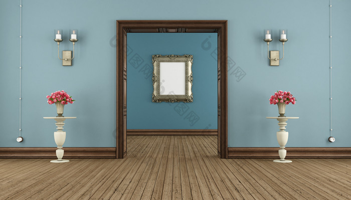 蓝色的经典房间蓝色的复古的房间与木门户网站和经典框架背景呈现