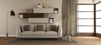 米色和棕色（的）生活房间米色和棕色（的）现代生活房间与沙发地毯呈现
