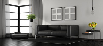 黑色的和白色现代生活房间黑色的和白色现代生活房间与皮革沙发和<strong>脚凳</strong>呈现