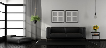 黑色的和白色极简主义生活房间黑色的和白色极简主义生活房间与皮革沙发和脚凳呈现