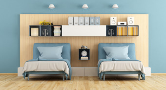 蓝色的和木十几岁的卧室十几岁的卧室与两个单床上和架子上木面板墙呈现