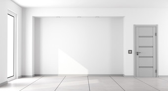 空白色极简主义生活房间空白色极简主义生活房间与灰色的关闭通过和窗口呈现