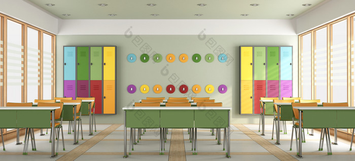 现代色彩斑斓的教室现代色彩斑斓的教室与储物柜和衣架呈现