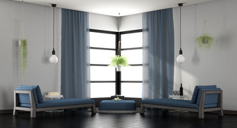 现代白色和蓝色的休息室现代白色和蓝色的生活房间与两个一种轻马车休息室呈现