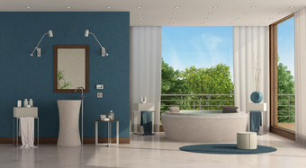 奢侈品浴室现代别墅与轮浴缸和脸盆呈现奢侈品浴室与轮浴缸和脸盆