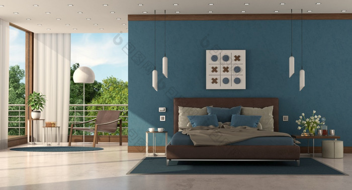 现代蓝色的主卧室现代别墅与皮革双床上和扶手椅背景呈现现代蓝色的主卧室现代别墅