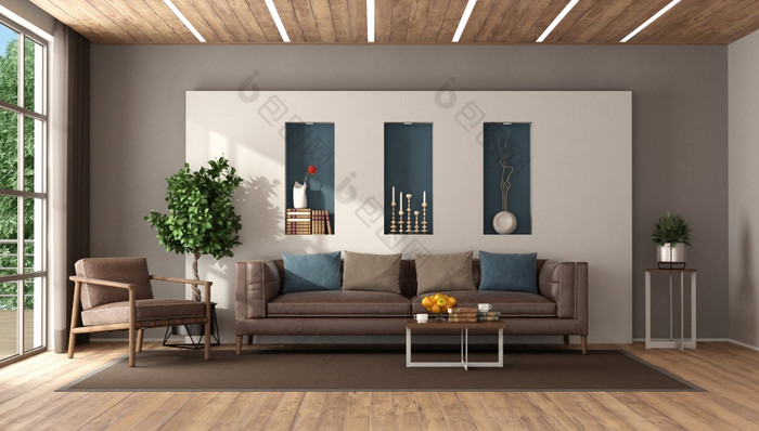 现代生活房间与皮革沙发和扶手椅对白色墙和木天花板呈现现代生活房间与皮革家具
