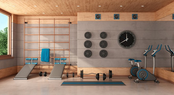 首页健身房与瑞典墙板凳上自行车和权重<strong>呈现</strong>首页健身房混凝土和木房间