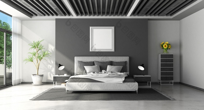 极简主义黑色的和白色现代主卧室与木天花板和通风格栅。呈现黑色的和白色现代主卧室