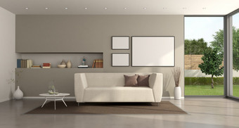 极简主义生活房间现代别墅与沙发和米色墙背景呈现极简主义生活房间现代别墅