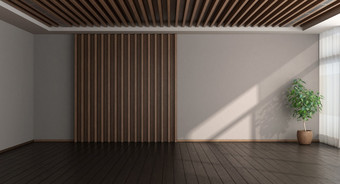 空房间与木镶板背景硬木地板上和天花板与通风格栅。呈现空房间与木镶板背景